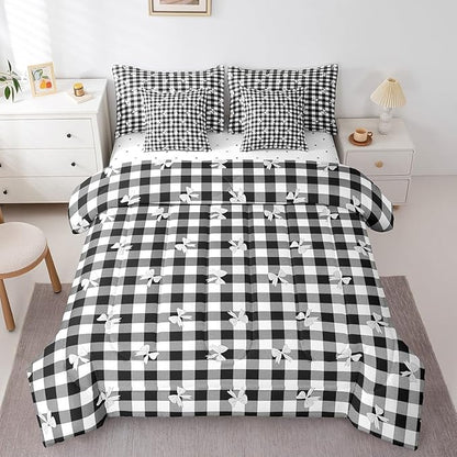 Feelyou Black Bow Comforter Set with Sheets Queen Size Kids Bowknot Pliad 7 Pieces Bedding Set for Boys Girls Teens Gift for Girls Women Grid Bed in a Bag Breathable Princess Décor Bed Set