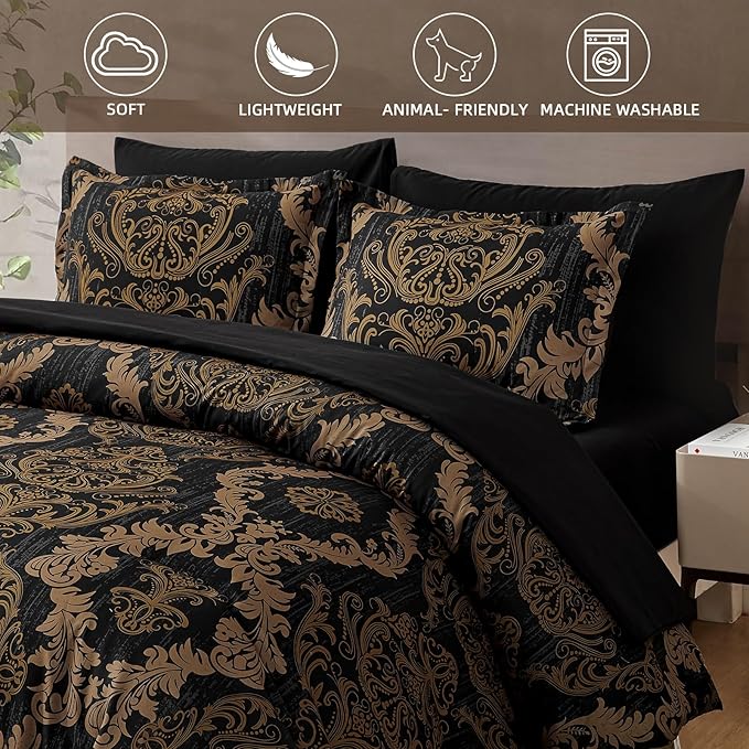 WONGS BEDDING Black Comforter Set King Size, Gold Damask Texture 7 Pieces Bed in a Bag Microfiber Comforter Bedding Sets -1 Comforter, 1 Flat Sheet, 1 Fitted Sheet, 2 Pillow Shams, 2 Pillowcases
