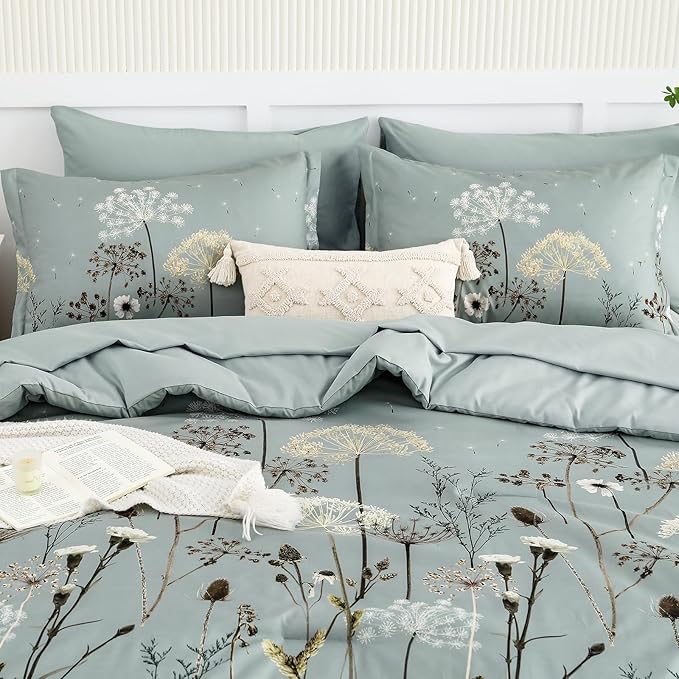 Yiran Dusty Blue Floral Comforter Set Queen Size, 7 Piece Dandelion Botanical Comforter Bedding Set, Bed in a Bag Queen, Soft Microfiber Complete Bedding Set with Sheets for All Season