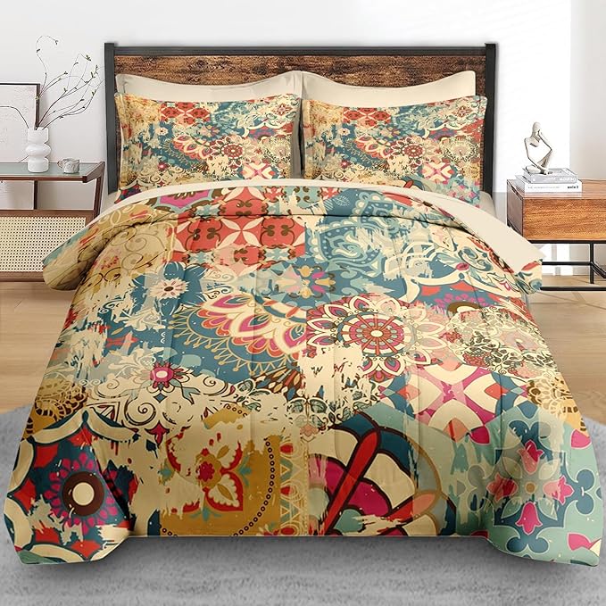 Comforter Set Twin Size, Vintage Colorful Flower 5 Pcs Bedding for Kids and Adults, Floral Retro Beige Bed Sheet Sets with Fitted Sheet Pillowcase & Sham for Bedroom Bed Decor