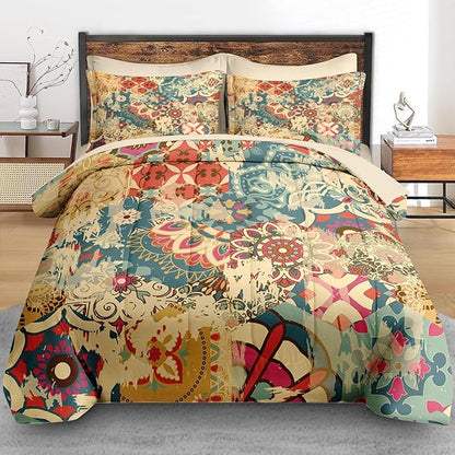 Comforter Set Twin Size, Vintage Colorful Flower 5 Pcs Bedding for Kids and Adults, Floral Retro Beige Bed Sheet Sets with Fitted Sheet Pillowcase & Sham for Bedroom Bed Decor