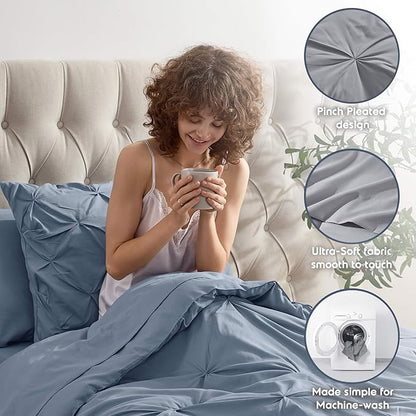 Nestl Twin XL Comforter Set 5 Piece - Pintuck Twin XL Bedding Set Stone Blue, College Dorm Room Essentials Bed in a Bag, Twin XL Comforter Set for College Girls & Boys with Sheets, Pillowcase and Sham