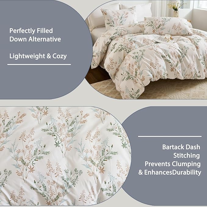 100% Cotton Comforter Queen Size – 3 Piece Botanical Printed Bed Comforter Set with Pillowcases, Soft Lightweight All Season Bedding Set, Cottagecore Aesthetic Natural Floral Bedding