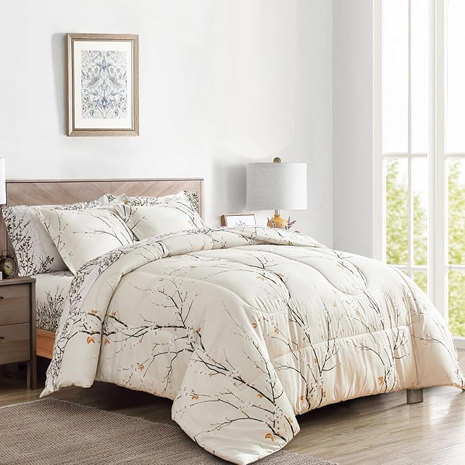 UOZZI BEDDING Cream White Bed in a Bag King 7 pc Branch Style All Season Soft Microfiber Reversible Bed Comforter Set (1 Comforter 2 Pillow Shams 1 Flat Sheet 1 Fitted Sheet 2 Pillowcases)