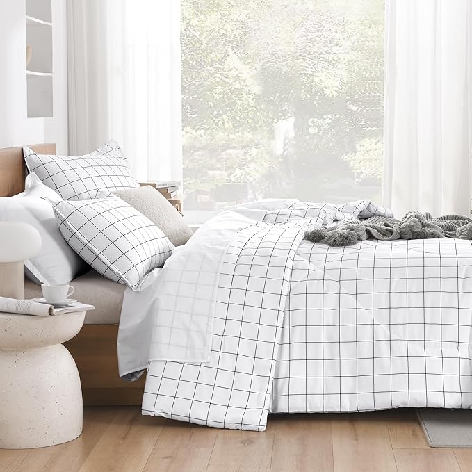 Andency Queen Comforter Set White Gingham, Plaid Grid Checkered Bedding Comforter Set Queen Size, 3 Pieces Lightweight Reversible Geometric Modern Bedding Set(90x90 Inch)