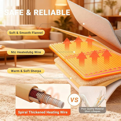 Electric Heated Blanket Queen Size 84''x90'' Soft Flannel & Sherpa Electric Blanket with 10 Heating Levels, Automatically Shut Down After 8h with Overheat Protection Machine Washable
