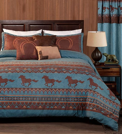 Chezmoi Collection Sedona 7-Piece Southwestern Wild Horses Microsuede Bedding Comforter Set, King, Turquoise Blue
