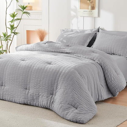 HYMOKEGE Light Grey Oversized Queen Comforter Set Seersucker 7 Pieces, All Season Luxury Bed in a Bag for Bedroom, Bedding Set with Comforter, Sheets, Pillowcases & Shams