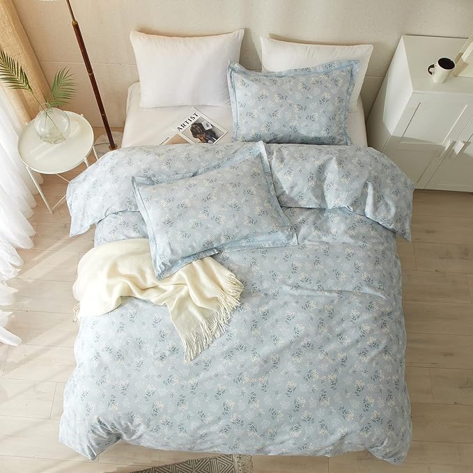 mixinni 3pcs Boho Floral Comforter Set Full Size, Botanical Blue Flowers Leaves Cute Bedding Comforter Sets for Women, 1 Soft Garden Style Comforter and 2 Pillowcases for All Seasons