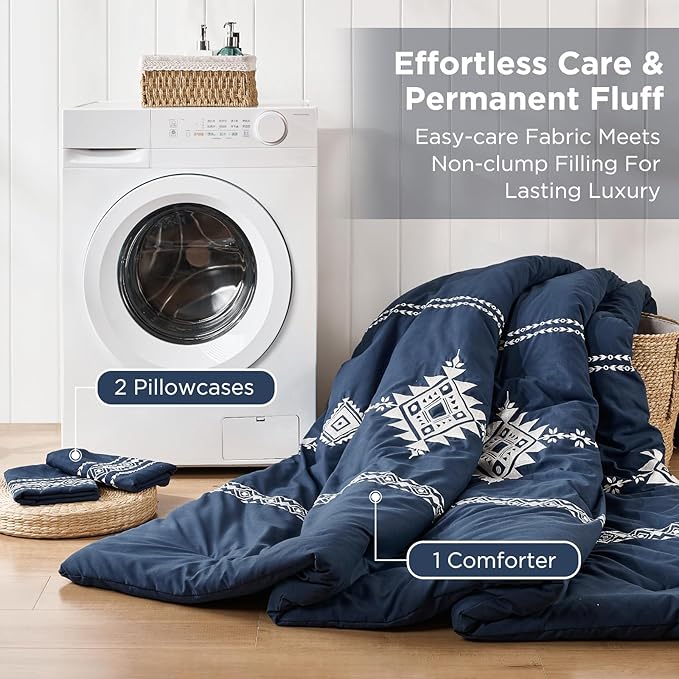 Embroidered Boho Comforter Set King Size, 3-Piece Western Shabby Chic Bedding Set - Fluffy Ultra Soft Microfiber with Intricate Design, Includes Comforter & 2 Pillowcases, Navy(102"x90")