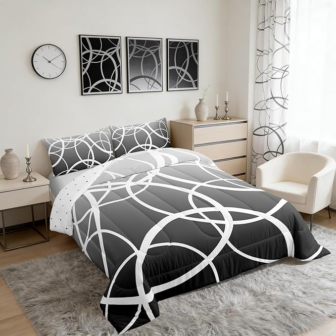 Castle Fairy Circle Comforter Set,Gray Gradient Bedding Set for Girls Women,Adults Abstract Stripes Comforter,Modern Style Quilted Duvet Set Bedroom Collection Twin Size 2Pcs