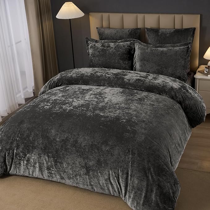 PHF Crushed Velvet Comforter Set King Size, 5-Piece Luxury Winter Bedding Sets with 2 Euro Shams, Heavyweight Warm Fluffy Velvet Bed Spread, Glam Home Decor, Grey