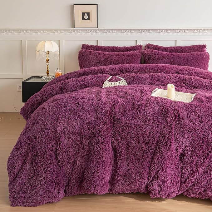 chovy Faux Fur Plush Grape Purple Comforter Sets Twin - Ultra Soft Shaggy Flannel Velvet Fluffy Fuzzy 3PC Bedding Set （Comforter x 1 Pillowcases x 2）