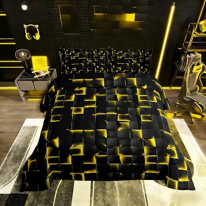 Erosebridal Geometric Checkered Comforter Queen Size Neon Black Gold Comforter Set for Kids Teen Men Gaming Room Decor,Abstract Ombre Plaid Bedding Set Grids Quilt Duvet