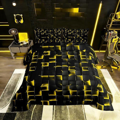 Erosebridal Geometric Checkered Comforter Queen Size Neon Black Gold Comforter Set for Kids Teen Men Gaming Room Decor,Abstract Ombre Plaid Bedding Set Grids Quilt Duvet