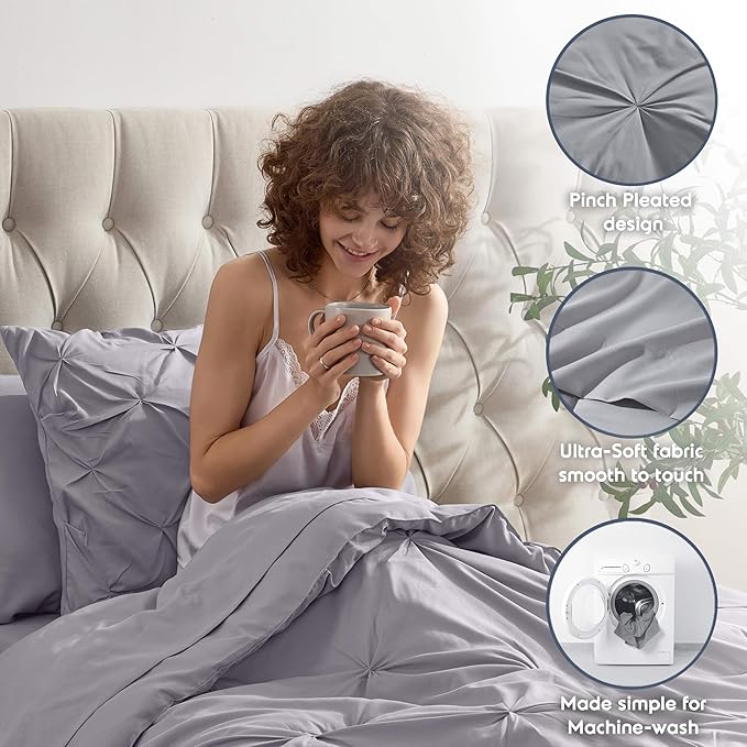 Nestl Twin XL Comforter Set 5 Piece - Pintuck Twin XL Bedding Set Grey Lavender, College Dorm Essentials Bed in a Bag, Twin XL Comforter Set for College Girls and Boys with Sheets, Pillowcase and Sham