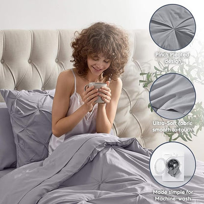 Nestl Twin XL Comforter Set 5 Piece - Pintuck Twin XL Bedding Set Grey Lavender, College Dorm Essentials Bed in a Bag, Twin XL Comforter Set for College Girls and Boys with Sheets, Pillowcase and Sham