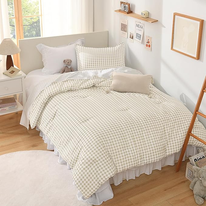Andency Beige Gingham Comforter Set Twin(66x90Inch), Cream Checkered Grid Plaid Buffalo Bed Set for Girls Boys Kids Teens, 2 Pieces Lightweight Microfiber Geometric Preppy Bedding