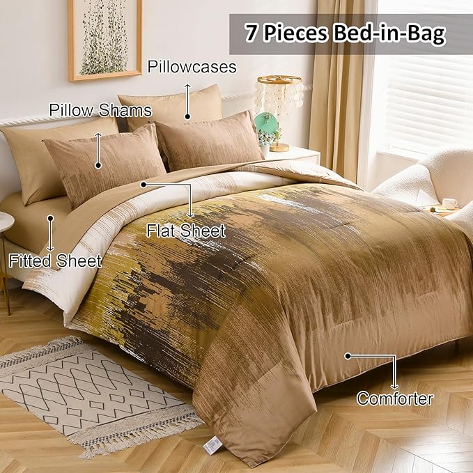WONGS BEDDING Brown Comforter Set Queen,7 Pieces Bed in a Bag Abstract Art Gradient Comforter Soft Microfiber Bedding Set -1 Comforter, 1 Flat Sheet, 1 Fitted Sheet, 2 Pillow Shams,2 Pillowcases