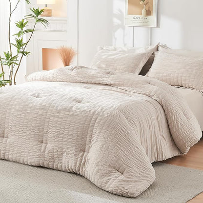 HYMOKEGE Beige King Size Comforter Set Seersucker 7 Pieces, All Season Luxury Bed in a Bag for Bedroom, Bedding Set with Comforters, Sheets, Pillowcases & Shams