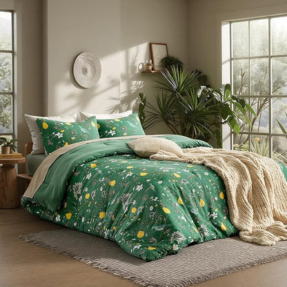 MUSSEL Green Bedding King Comforter Set 3 Pieces,Vintage Botanical Floral Pattern Bed Comforter Sets,Boho Whimsical Modern Printed Design Cute Seersucker Bedroom Comforter and Shams