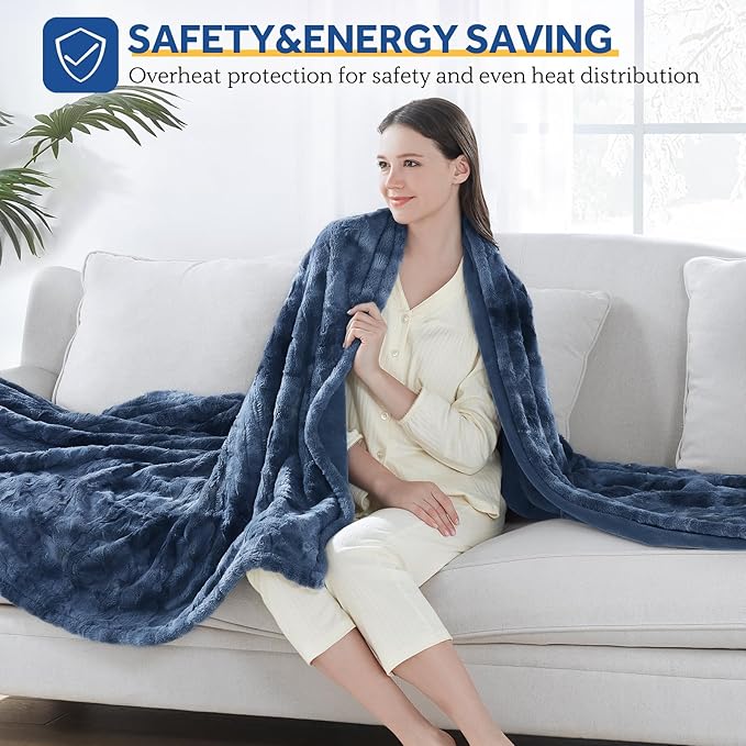 Sealy Electric Blanket Heated Throw, Faux Fur Heating Blanket with 6 Heat Settings & 2-10 Hours Auto Shut Off, Fast Heating & ETL Certification, 50x60 Inch, Navy Blue