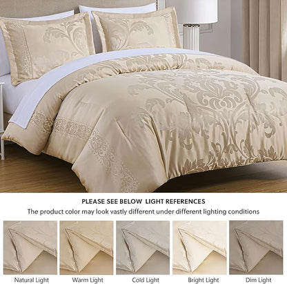 Chezmoi Collection Valor 7-Piece King Bed in a Bag, Champagne Luxury Jacquard Floral Comforter with Sheets Set for All Season