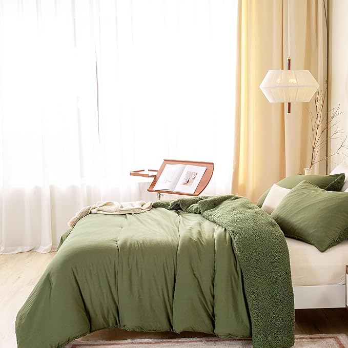 Warm Ultra-Soft Sherpa King Size Down Comforter - Reversible Bedding Down Alternative Blanket Comforter and 2 Pillowshams Plush Comfort Fluffy for Winter Fall (Dark Olive Green Cal/Cal King)