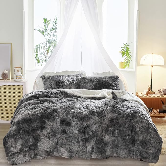 Joyreap 3-Piece Plush Shaggy Comforter Set, King Size Luxury Faux Fur Sherpa Reversible Bedding Comforter Set, Ultra Cozy Warm Fluffy Bedding Set for Winter (Tie-dye Black, 100x88 inches)