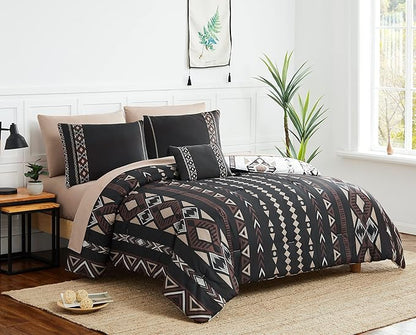 Geniospin Cal King Size Comforter Set- 7 Pieces Boho Bed in a Bag, Western Bedding Set for All Seasons, Reversible Aztec Bedding, Lightweight Comforter Bed Set with Sheets, Pillowcases & Shams