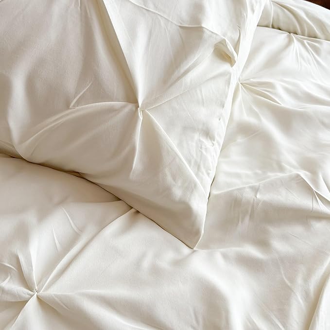 Maple&Stone Cream Queen Comforter Set, 7 Pieces Off White Comforter, Pintuck Bedding with Comforter, Sheets, Pillowcases & Shams - Cream