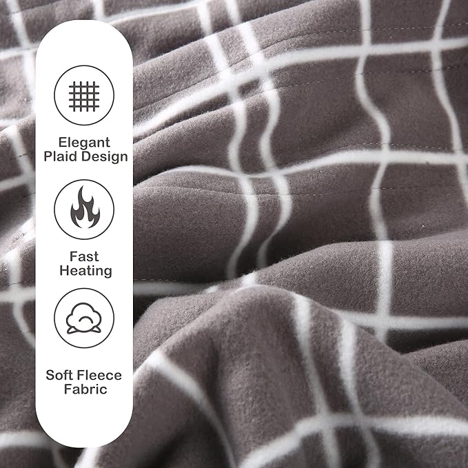 Electric Heated Blanket Queen Size 84"x90", Dual Controllers & Heating Zones, Soft Fleece for Bed, 10 Hs Auto Off & 4 Heating Levels, Machine Washable, Gifts for Family-Plaid Pattern, Light Gray