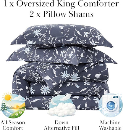 Southshore Fine Living, Inc. 3-Piece Comforter California King Size, Down Alternative All-Season Comforter with Matching Shams, Soft Floral Bedspread for California or King Bed, Secret Meadow Blue
