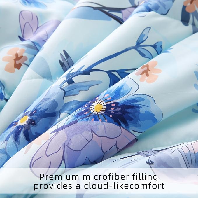Floral King Comforter Set with Sheets, 7 Piece Luxury Vintage Bedding, Soft Microfiber Bed in a Bag, Cozy Lightweight Bed Set, Blue Flower Leaf Botanical