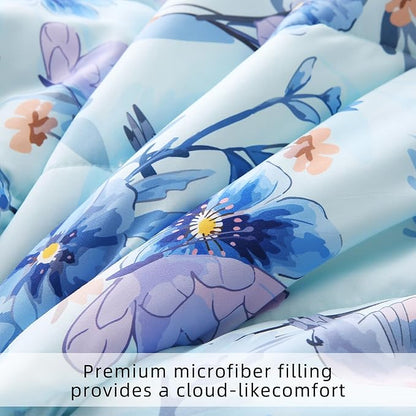 Floral Queen Comforter Set with Sheets, 7 Piece Luxury Vintage Bedding, Soft Microfiber Bed in a Bag, Cozy Lightweight Bed Set, Blue Flower Leaf Botanical