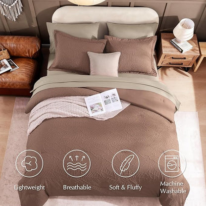 Geniospin Queen Comforter Set - 7 Pieces Brown Textured Queen Bedding Sets with Comforter, Sheets, Pillowcases & Shams，All Season Brown Bedding