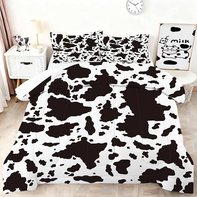 Kids Cow Print Comforter Set Queen Size Cartoon Milk Bedding Set for Kids and Adults Microfiber Cow Print Farmhouse Bed Set Ultra Soft Bedding Set for All Seasons