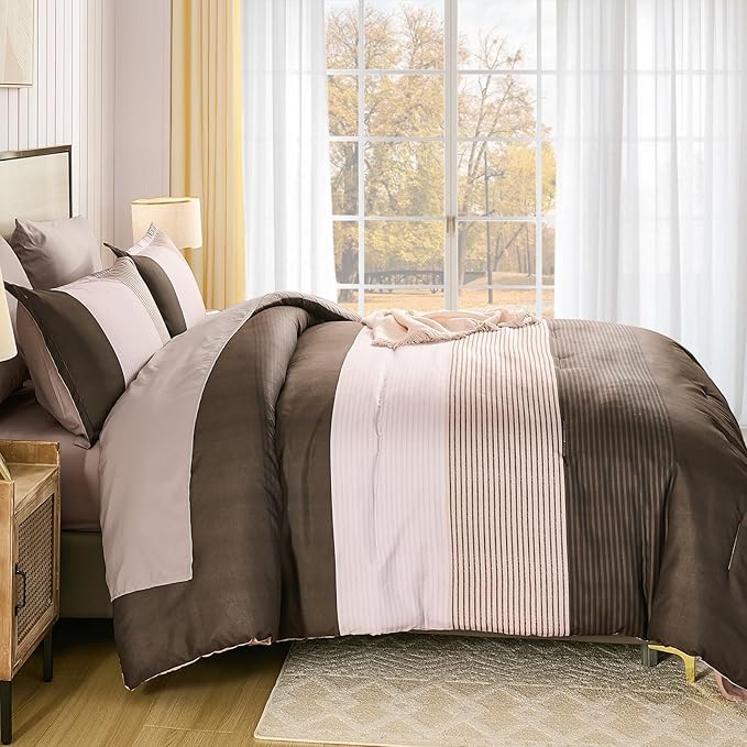 Anibedding King Size Comforter Set 7 Pieces, Chocolate Brown Bedding Set Patchwork Striped Bed in a Bag, Soft Microfiber Comforter Set with Sheets for All Season