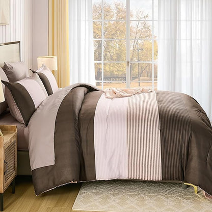 Anibedding King Size Comforter Set 7 Pieces, Chocolate Brown Bedding Set Patchwork Striped Bed in a Bag, Soft Microfiber Comforter Set with Sheets for All Season