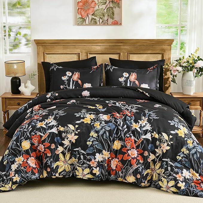 WONGS BEDDING King Comforter Set 7 Piece, Black Floral Bed in a Bag Bedding Set with Botanical Flowers Patterns, Soft Lightweight Complete Comforters with Sheets for All Season