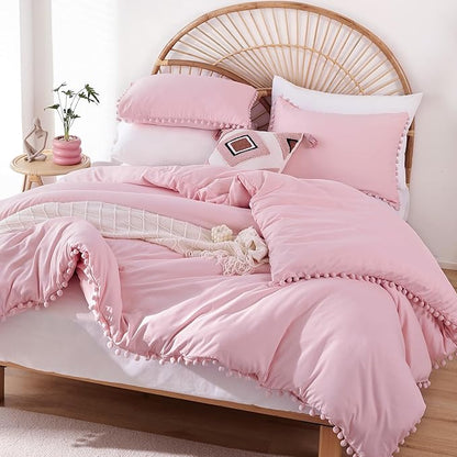 YIRDDEO Dust Pink Full Size Ball Pom Fringe Design Comforter Set 3pcs, Boho Aesthetic Luxurious Microfiber Comforter Set