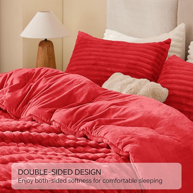 BEDELITE Fleece King Comforter Set -Super Soft & Warm Fluffy Red Bedding, Luxury Fuzzy Heavy Bed Set for Winter with 2 Pillow Cases
