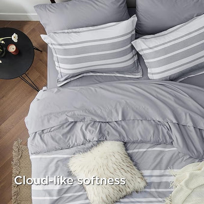 Bedsure Twin XL Comforter Set 5 Pieces, Grey Striped Bedding Set for All Seasons, Reversible, Cationic Dyeing Bed in a Bag with Comforter, Sheets, Pillowcase & Sham