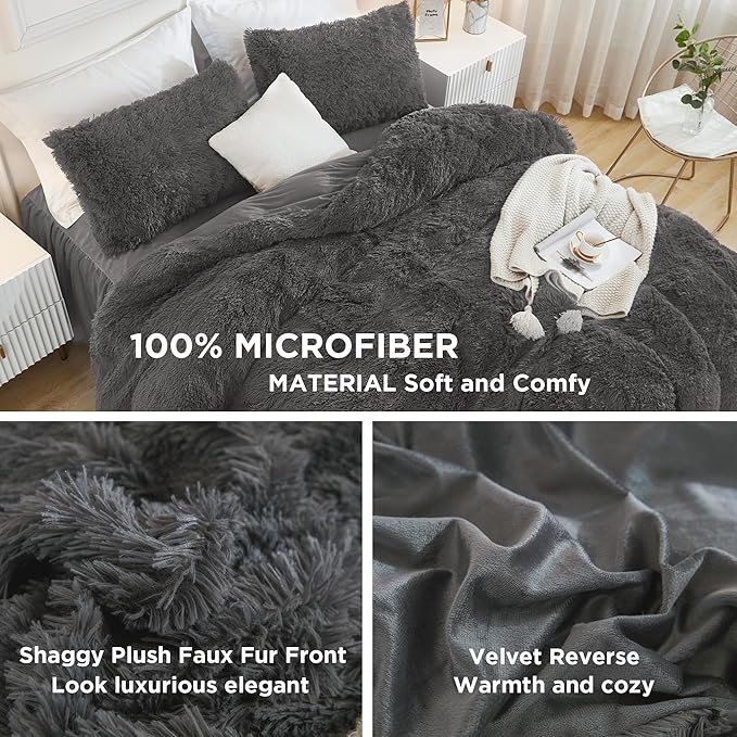Andency Dark Grey Comforter Set King Size, 3 Pieces Faux Fur Gray Fluffy Fuzzy Plush Bedding Comforter Set, Soft Puffy Comfy Down Alternative Comforter Bed Set