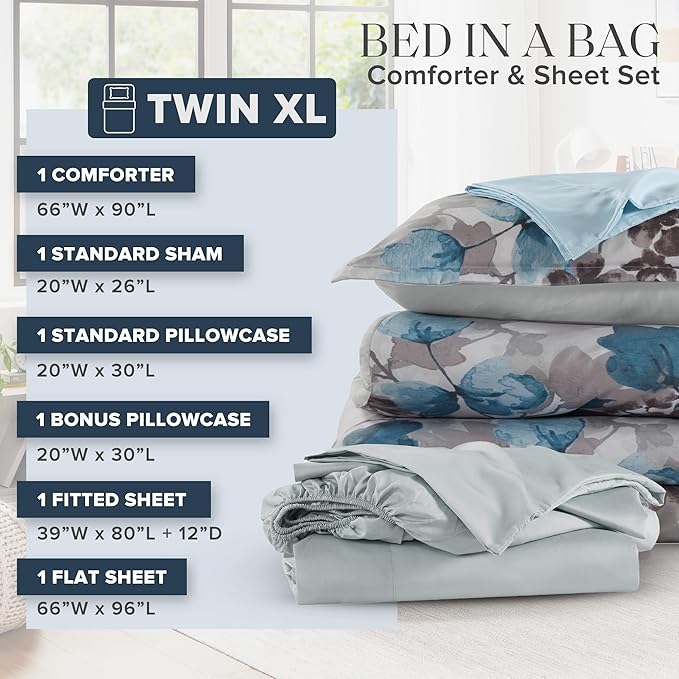 Madison Park Twin XL Comforter Set with Sheets, Floral Bed in A Bag Soft Microfiber Comforter for Twin XL Size Bed, All Season Lightweight Comforters Twin XL Bed Set, Alexis, 6 Piece Blue