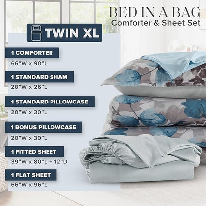 Madison Park Twin XL Comforter Set with Sheets, Floral Bed in A Bag Soft Microfiber Comforter for Twin XL Size Bed, All Season Lightweight Comforters Twin XL Bed Set, Alexis, 6 Piece Blue