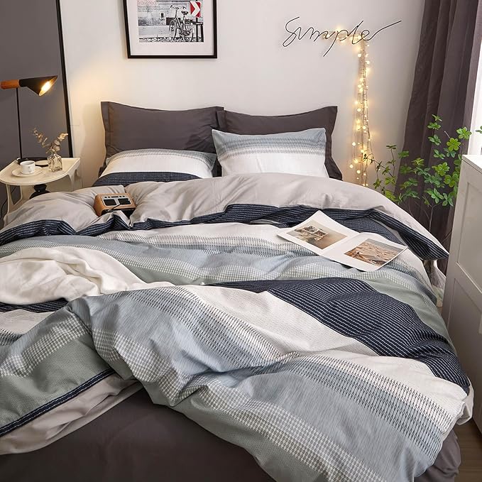 VM VOUGEMARKET Modern Comforter Set Twin Gray Blue Stripes Bedding Comforter with 2 Pillowcases Modern Style Lightweight Soft Twin Comforter Set for Boys