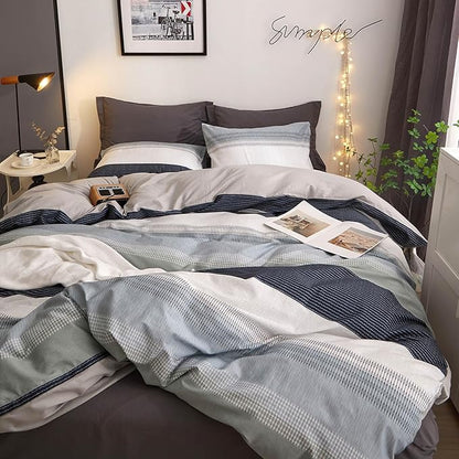 VM VOUGEMARKET Modern Comforter Set Twin Gray Blue Stripes Bedding Comforter with 2 Pillowcases Modern Style Lightweight Soft Twin Comforter Set for Boys