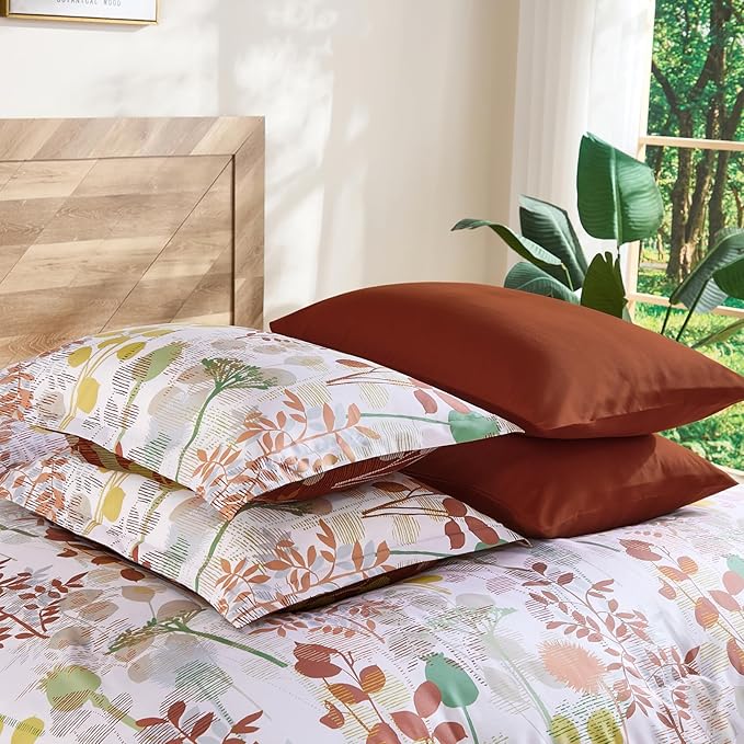 Anibedding 7Pieces Queen Comforter Set, Brown Botanical Bed in a Bag Complete Set with Sheet Pillowcase for Bedroom All Season