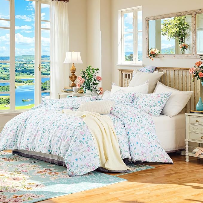 King Floral Comforter Set 100% Cotton Comforter 3 Pieces Green Leaves and Pink Floral Bedding Set Lightweight Soft Reversible Bedding for All Season